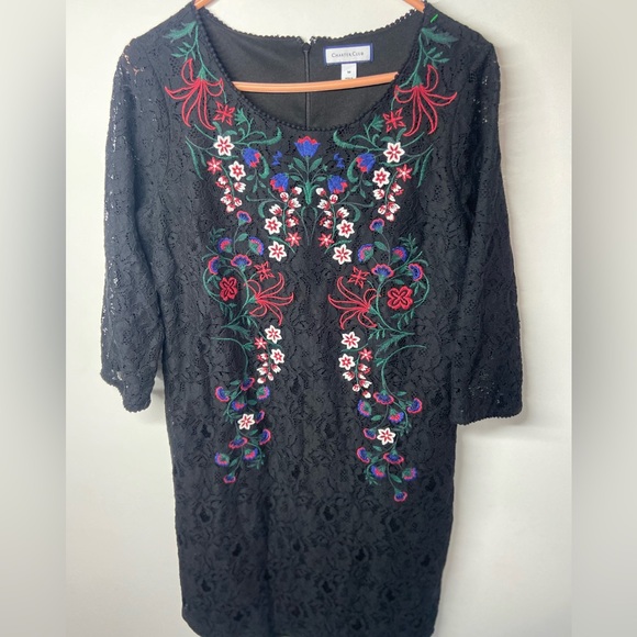 Charter Club Black Lace Dress with Colorful Floral Embroidery - Picture 1 of 7